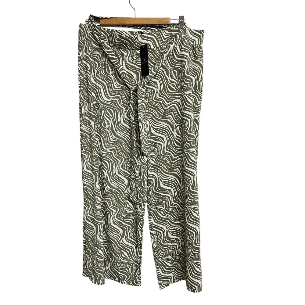 New Marble Khaki And White Swirl Culotte Trouser Pants With‎ Tie Belt